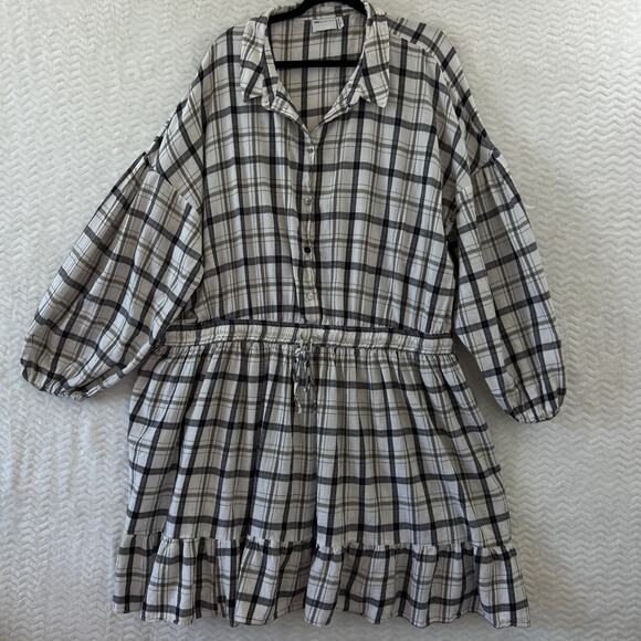 Asos Curve Flannel Check Button Down Open Back Balloon Sleeve Skater Dress Sz 24 - Picture 1 of 13